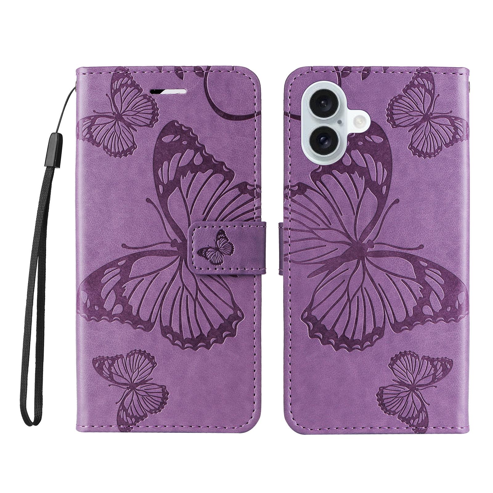 For iPhone 16 Plus Wallet Case Floral Butterfly Imprinted Leather Phone Cover Stand -  Green F
