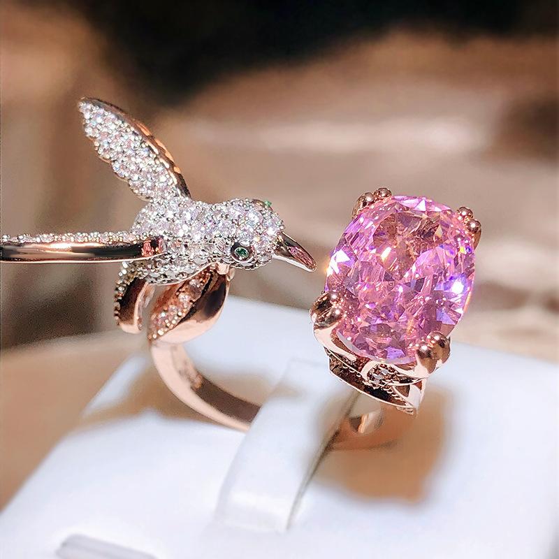 

2026 Fashionable and Exquisite Inlaid Zircon Colored Jewelry Women s Ring, Sea Blue Treasure Hummingbird Ring. Resizable