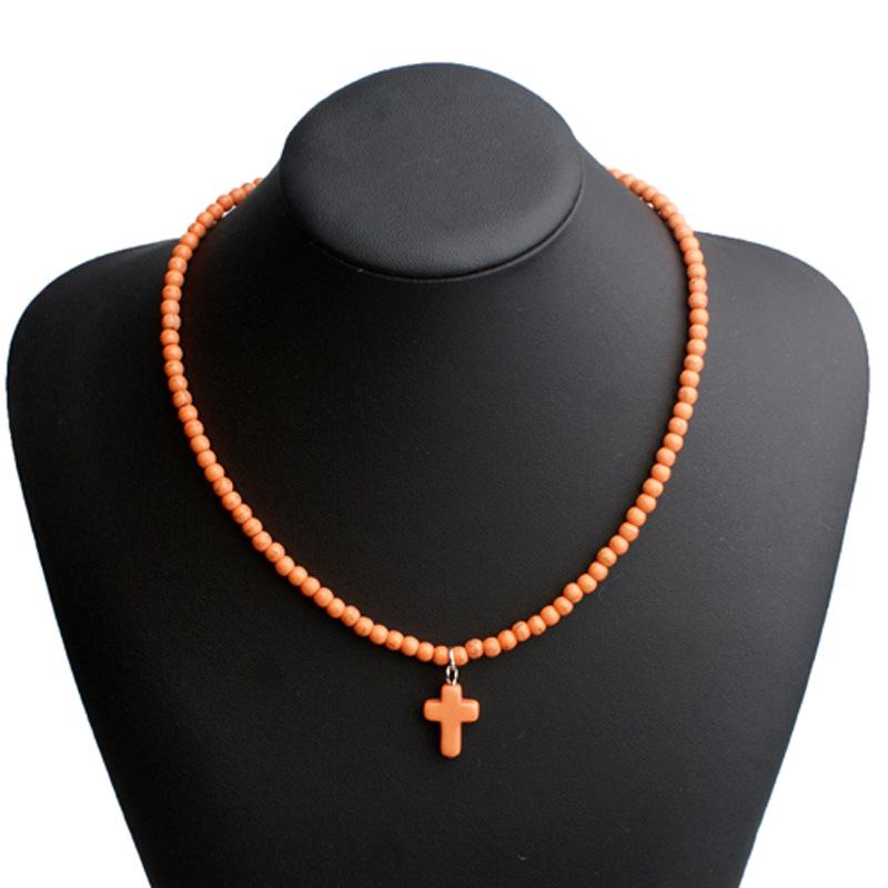 

Noter Women Bohemian Necklace 16 Inch Choker Collar 4mm Stone Beads Cross Colar Girlfriend Gift Beach Jewelry Accessories помаранчевий