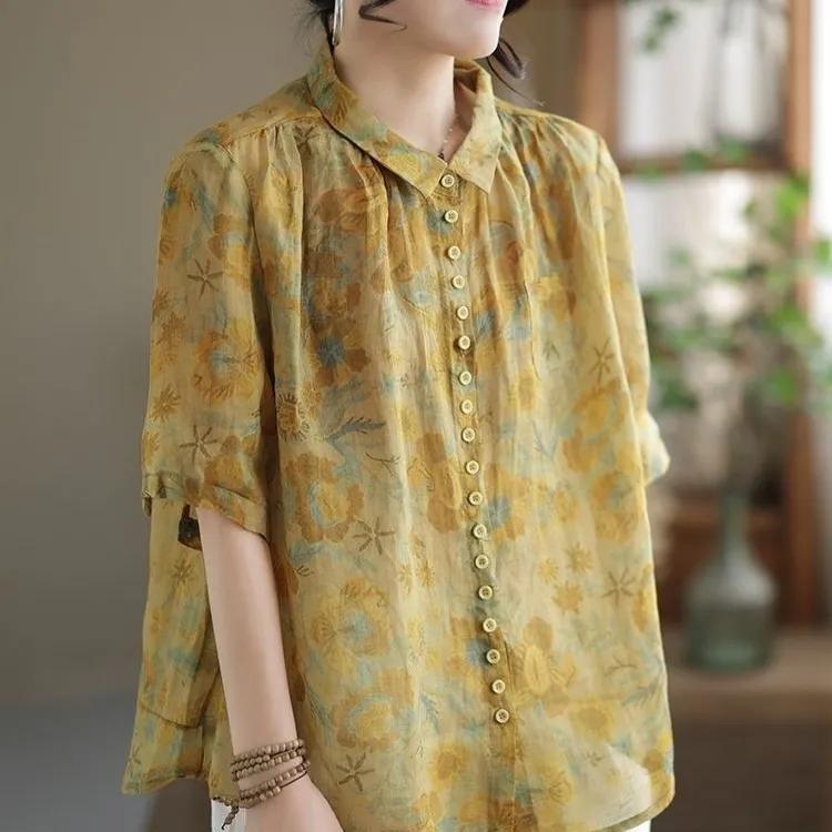 Women's Summer Short Sleeved Korean Version Flesh Blocking Print Retro Shirt with A Collar and Belly Covering Top