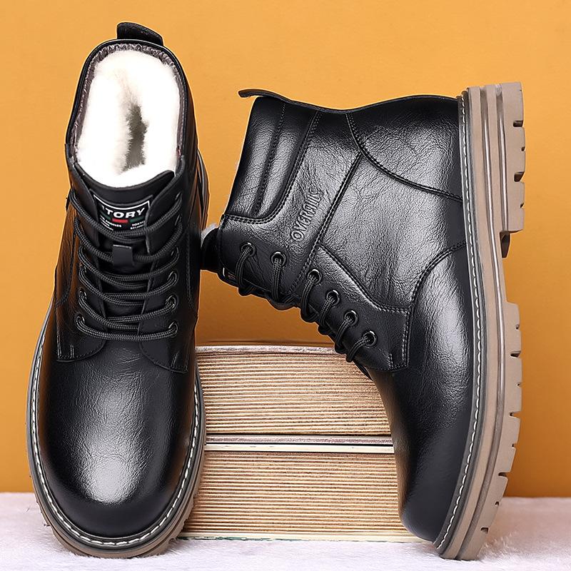Men's soft elastic leather waterproof winter warm cold padded wool snow boots thick bottom non-slip wear outdoor leisure sports Martin cotton boots