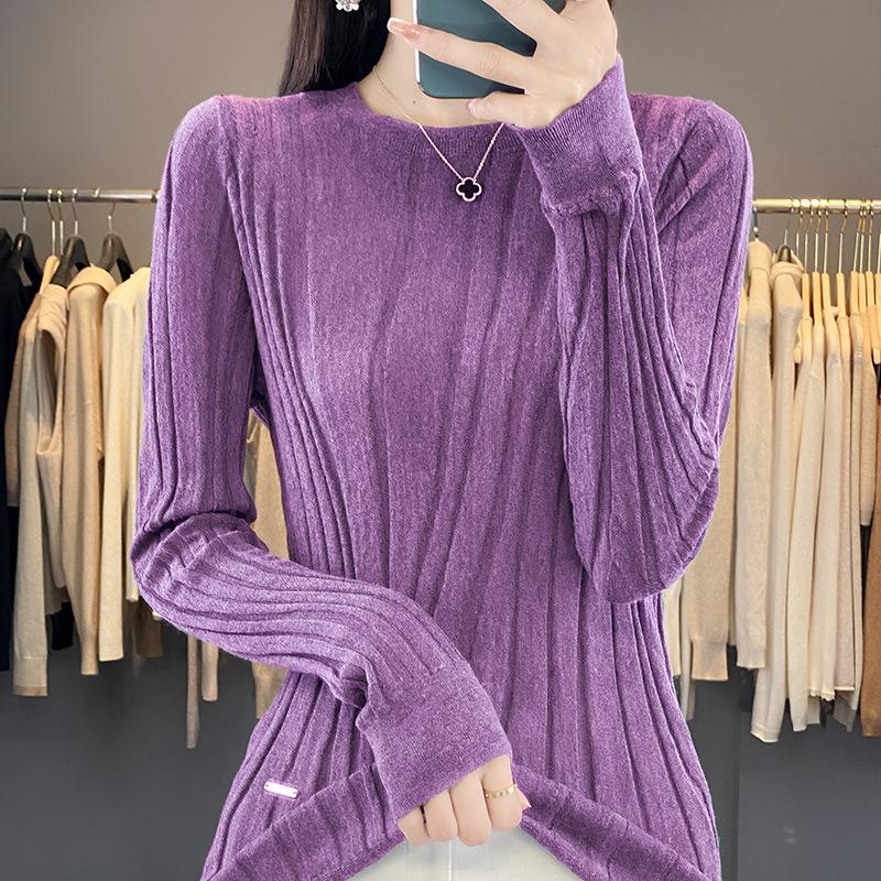 

Женская мода с высоким воротом и круглым вырезом, свободный трикотаж, длинный рукав, трикотажная рубашка однотонного цвета для осени и зимы XXL фиолетовый