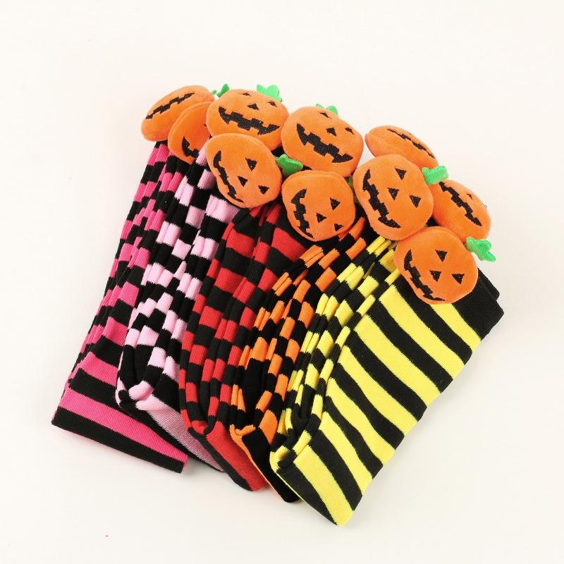Women Halloween Over Knee Long Socks Cute 3D Wicked Evil Pumpkin Striped Print Thigh High Stockings Holiday Hosiery