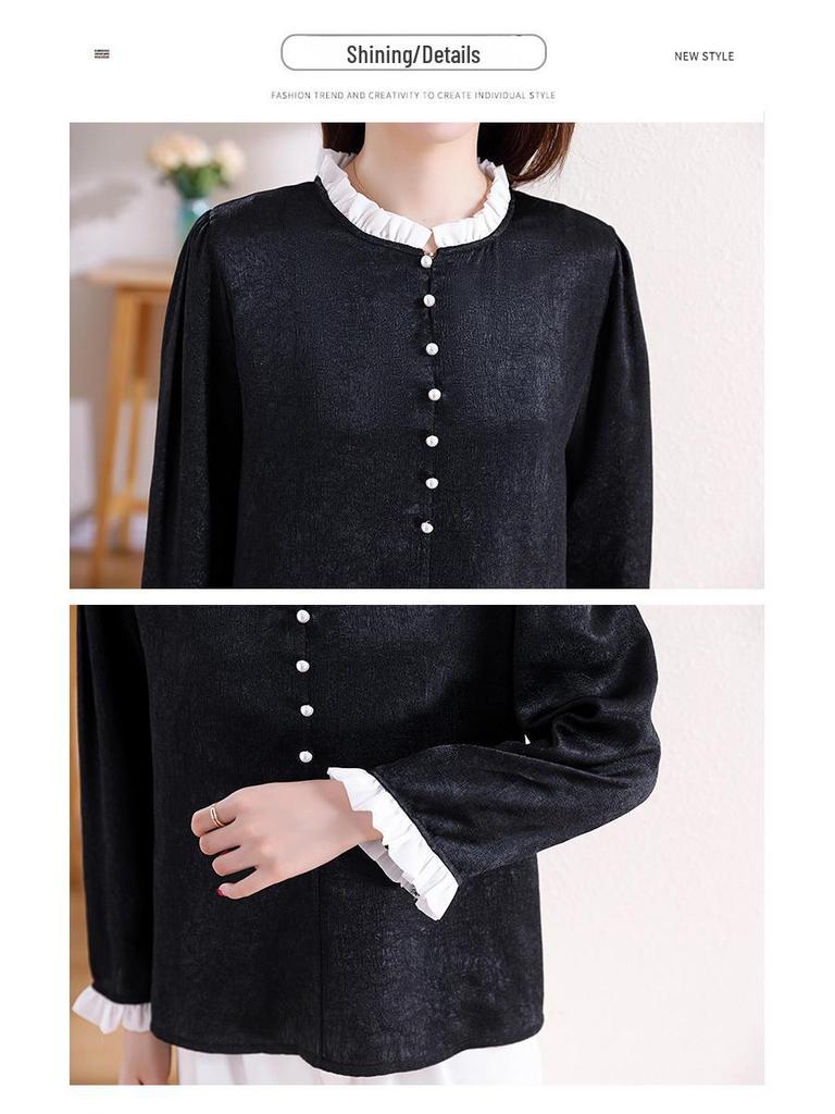 Beaded French Light Luxury Satin Shirt with Contrast Stitching - Spring 2025 Xiaoxiang Style Women's Top