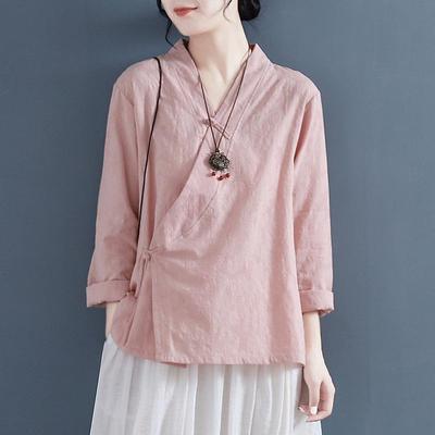 Women's Chinese Style Embroidered Cotton Linen Blouse - Slant Placket Frog Button, Long Sleeve Hanfu Top for Autumn