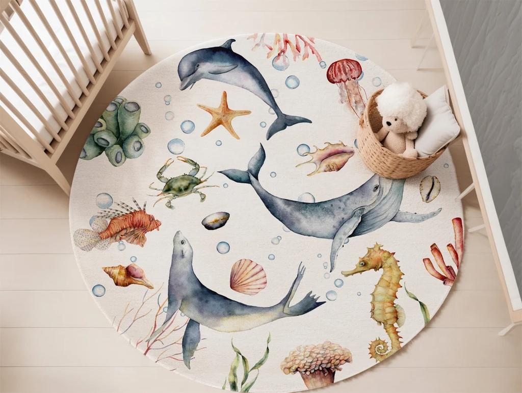 Blue Marine Animal Round Carpet for Living Room Baby Girl Room Kids Playroom Mat Bedroom Soft Rug Nursery Decor Kid's Playmat
