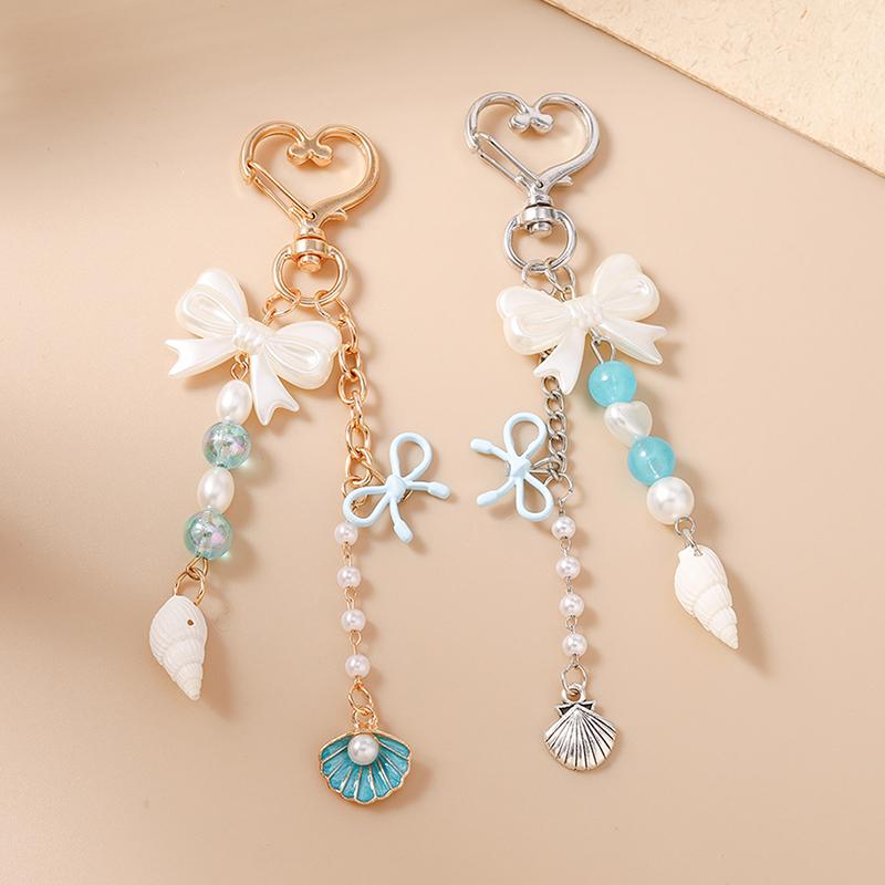 Cute Bowknot Love Heart Keychain Pearl Key Ring Pendants For Women Girls Handbag Decor Diy Handmade Key Chain Gifts