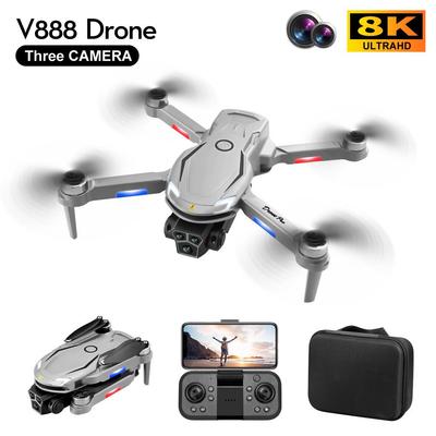 Drone V888: Fotografia Aérea 8K HD com 3 Câmeras, Longa Duração da Bateria e Controle Remoto com Motor Brushless.