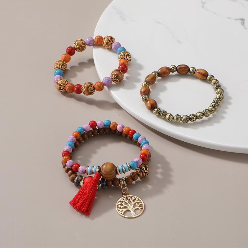 Bohemian Bracelet Set for Women, Layered Beaded Stackable Bracelets with Tree of Life Charm & Tassel, Vintage Ethnic Boho Jewelry for Daily & Gift