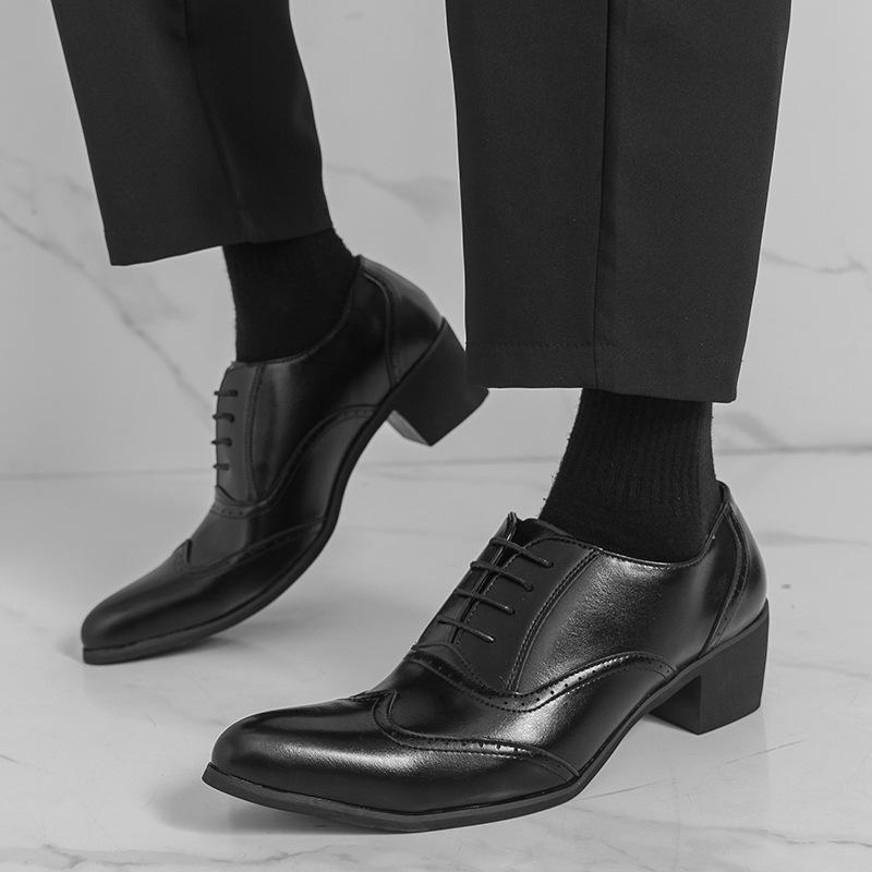 Men's British Autumn Formal Leather Shoes - Pointed Toe, Low-Top, Breathable, Lace-Up, Large Size, High Heel.