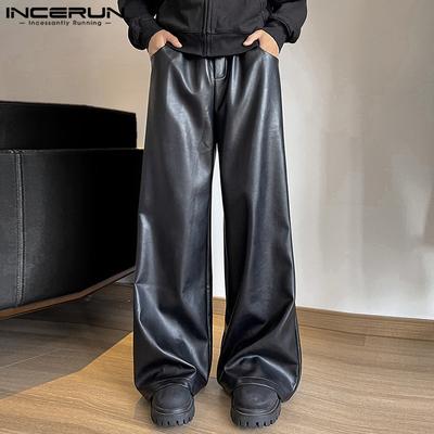 INCERUN Men PU Leather Elastic Zipper Waist Pants Casual Long Trousers