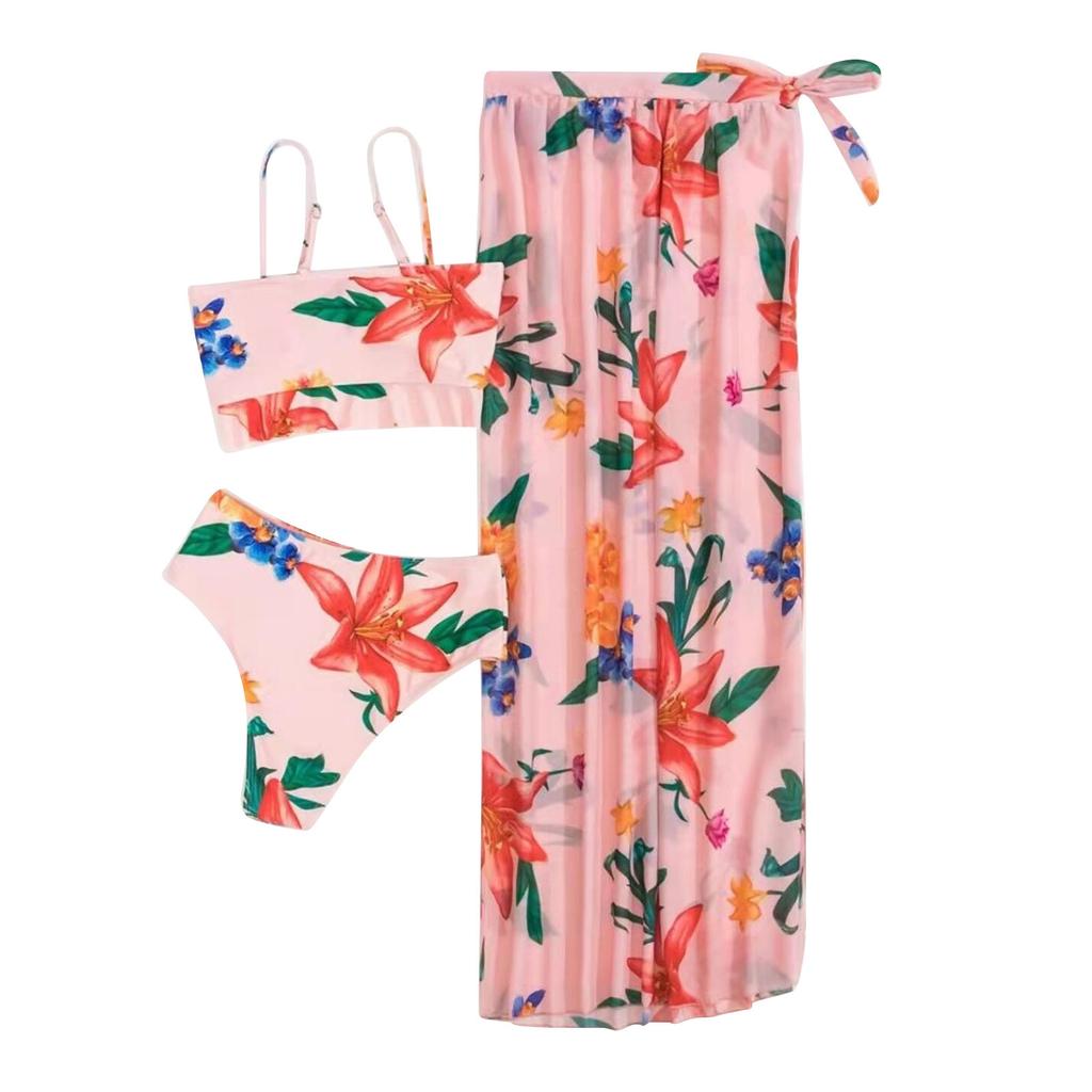 Fashion Women Printed High Waist Split Long Skirt Bikini Casual Swimsuit Set