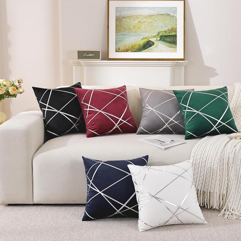 TAOSON Pack of 4,Velvet Cushion Cases Decorative Silver Foil Geometric Lines Pattern Throw Pillow Covers for Modern Homes Couch Sofa Bedroom Living
