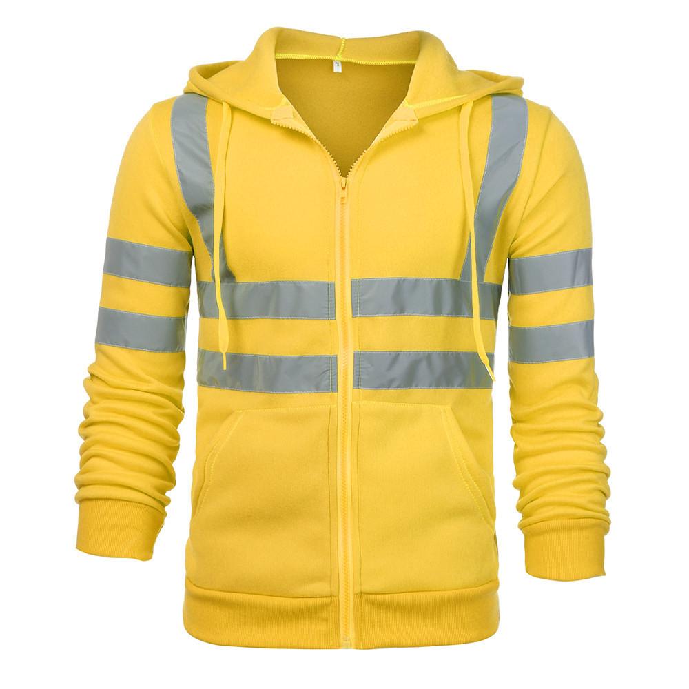 Fleece-lined Outdoor Sanitation Workwear Men's High Visibility Reflective Strip Zipper Hooded Sweatshirts