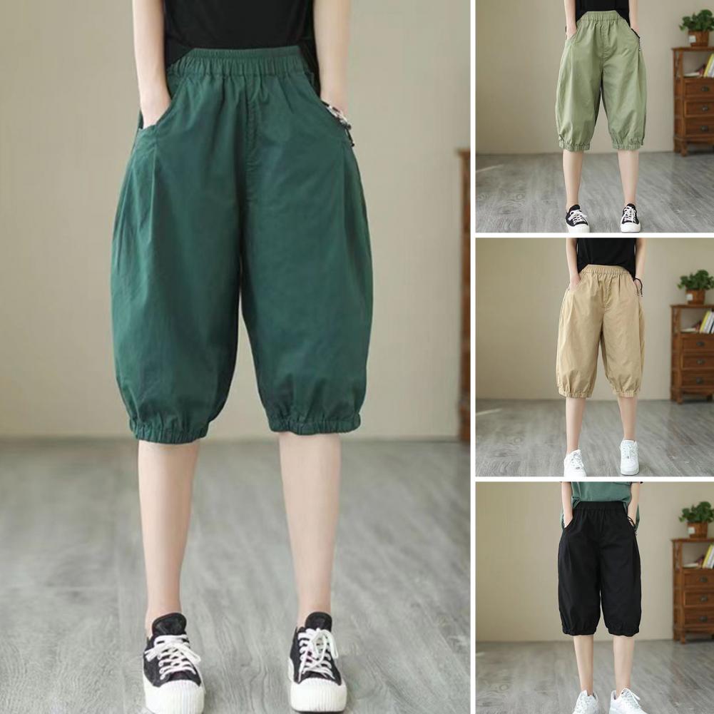 Women Leisure Shorts Streetwear Womens Knee-length Leisure Shorts with Elastic Waistband for Summer Comfortable Fit Fit Single Color Pants for Lei