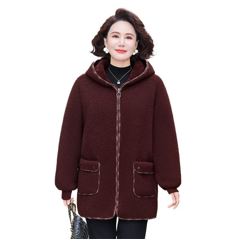Mom's Winter Particle Fleece Hooded Jacket: Velvet-Thickened, Lambswool Cardigan for Middle-Aged and Elderly Women