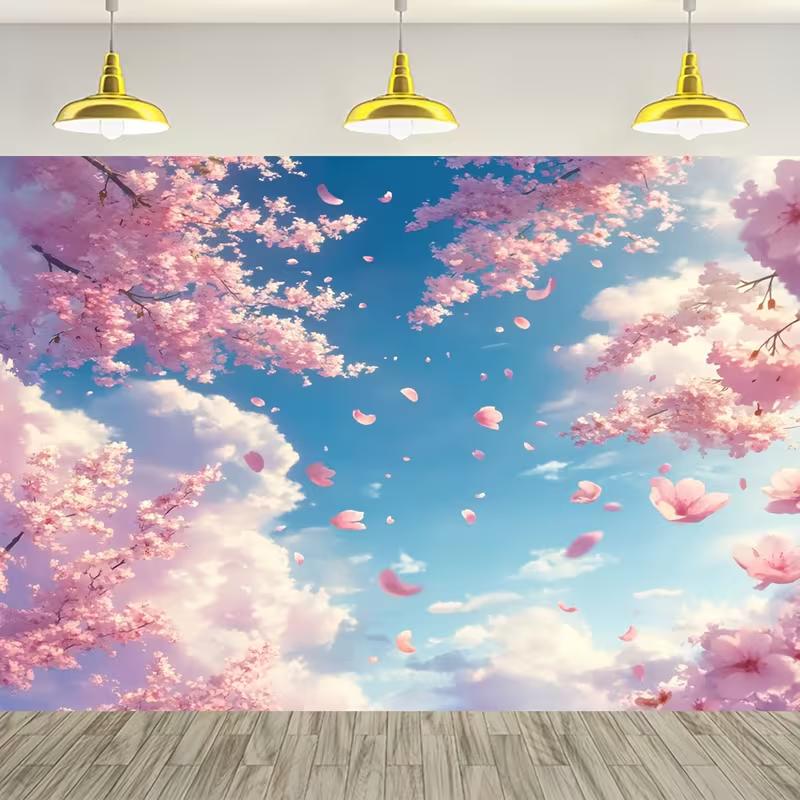2D Dreamy Cherry Blossom Branches and Floating Petals Tapestry