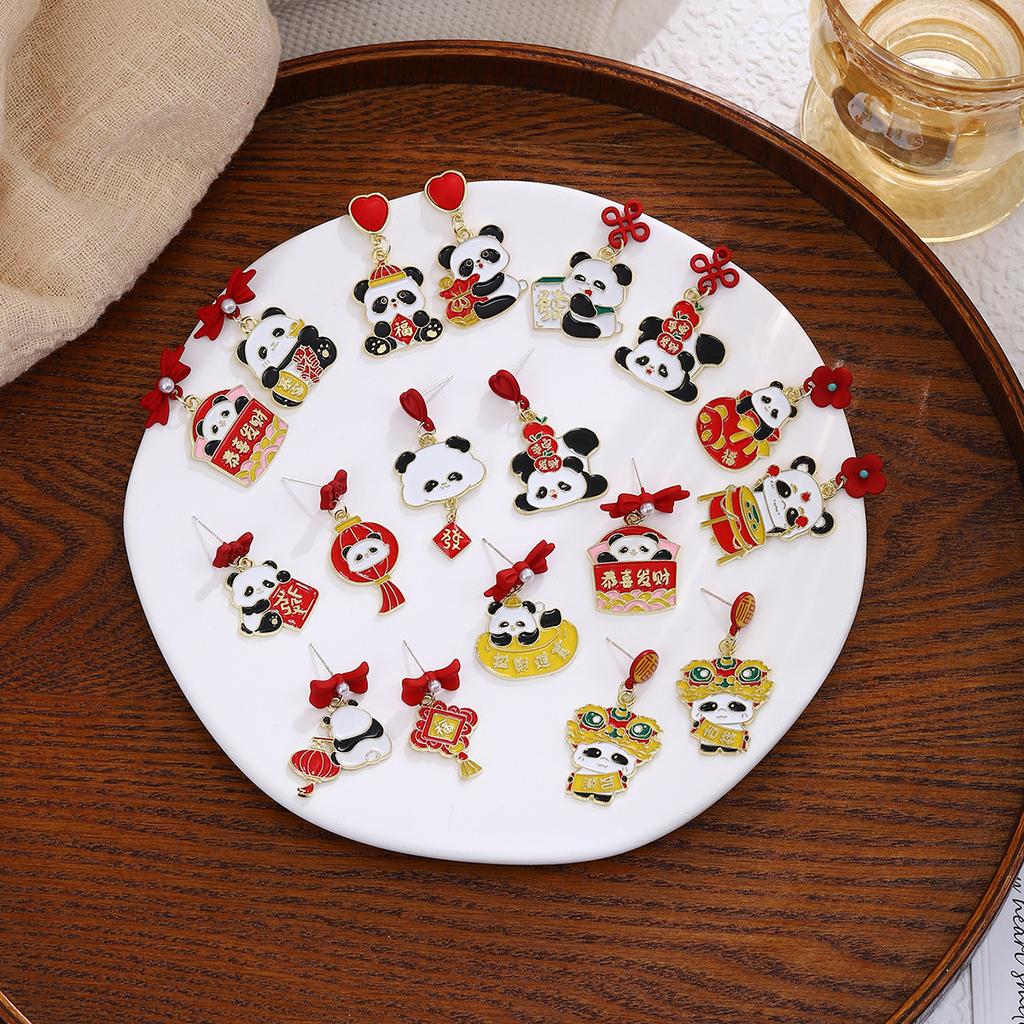 New Year'S Chinese Knot Lantern Cute Panda Earrings, Chinese Style Gong Xi Fa Cai Lucky Bag Pearl Earrings Women