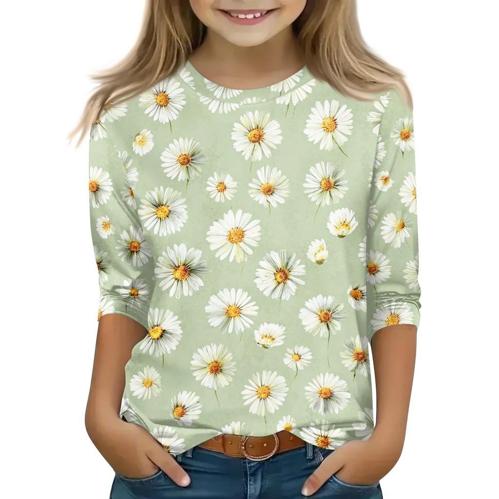 Kid's Round Neck Cute Flower Day Print Lightweight Spring/Summer Top