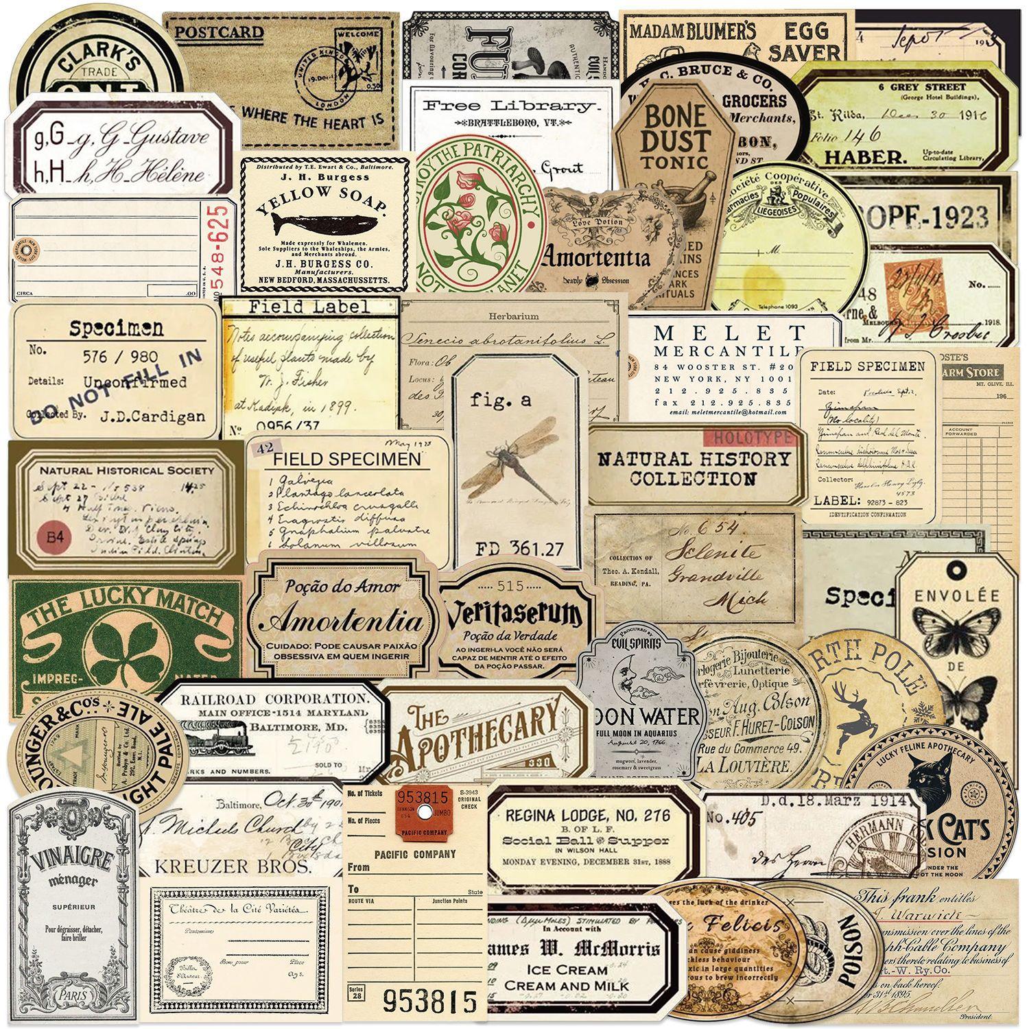 

50PCS Vintage Retro Label Junk Journal Decorative Graffiti Stickers DIY Phone Laptop Notebook Suitcase Waterproof Sticker Decals