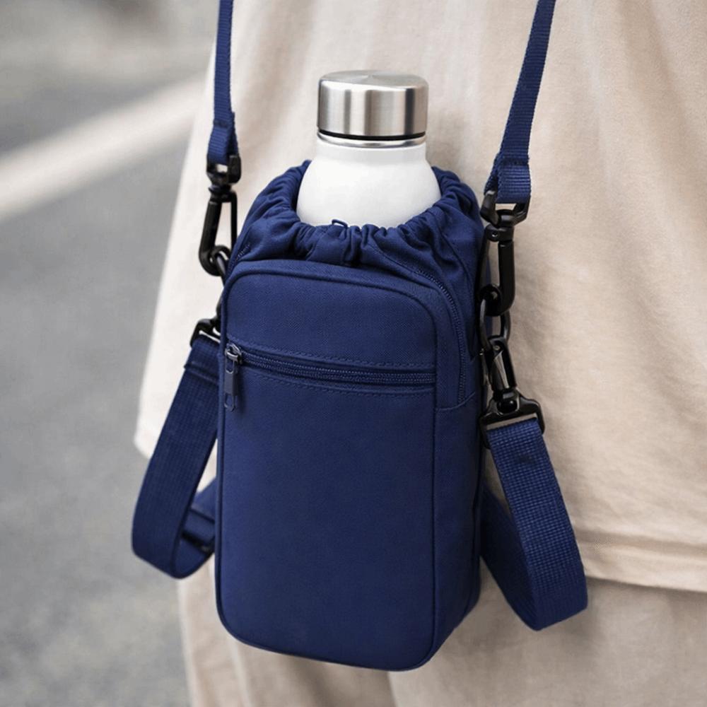 Adjustable Shoulder Strap Crossbody Water Bottle Bag Insulation Mobile Phone Pocket Cup Sleeve Drawstring Design Hands-Free