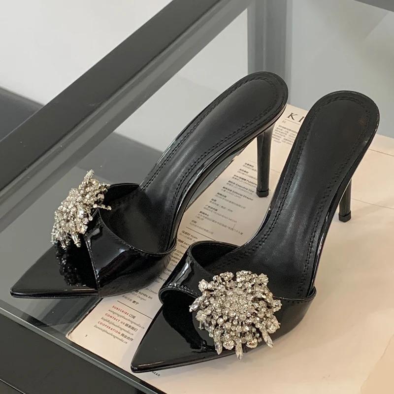 

Женские сандалии на очень высоком каблуке со стразами, дизайнерская модная женская обувь с острым носком, повседневные женские туфли-лодочки 42 чёрный