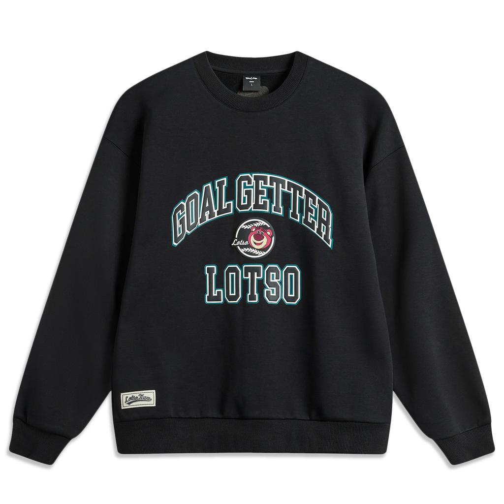 Li Ning Disney Collaboration Pixar Strawberry Bear Series Cartoon Letter Round Neck Comfortable Breathable Fleece Warm Sweatshirt AWDU437-4