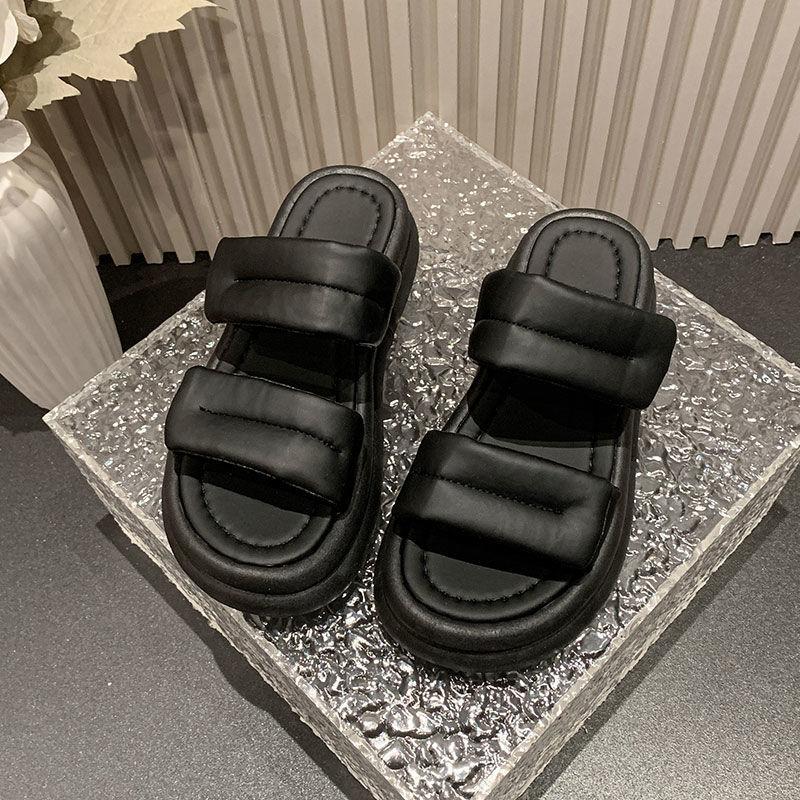 Muffin thick-soled cool slippers women's summer wear 2025 new Velcro beach sandals fashion and high-end one-word drag