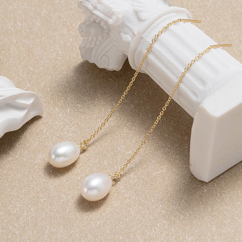 RINNTIN GPE75 S925 Sterling Silver Long Chain Tassel Drop Earrings for Women Freshwater Pearl Dangle Studs Earrings