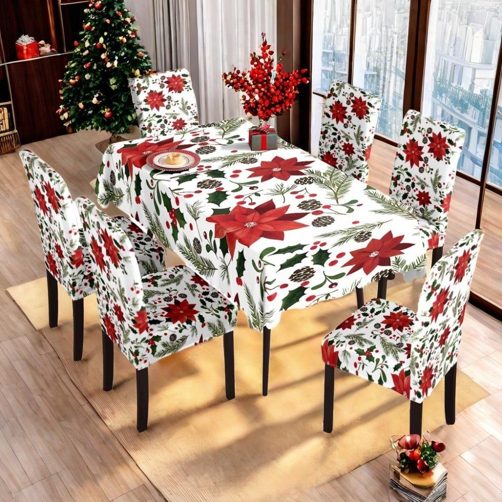 Christmas Waterproof Printed Tablecloth and Chair Covers Set Holiday Dining Decor