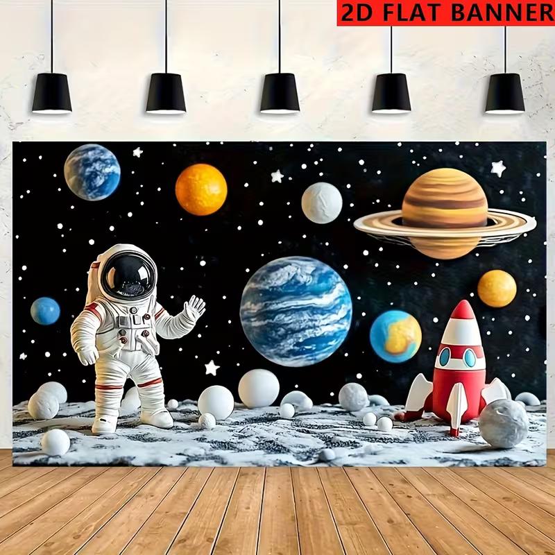 2D Outer Space Banner Astronaut On Moon with Planets and Rocket for Room Decoration