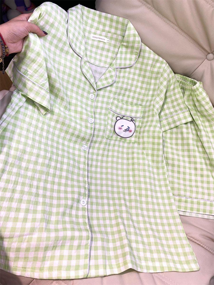 

Green grid small fresh self-deprecating bear pajamas women s summer short-sleeved shorts ins style suit girls can wear loungewear S