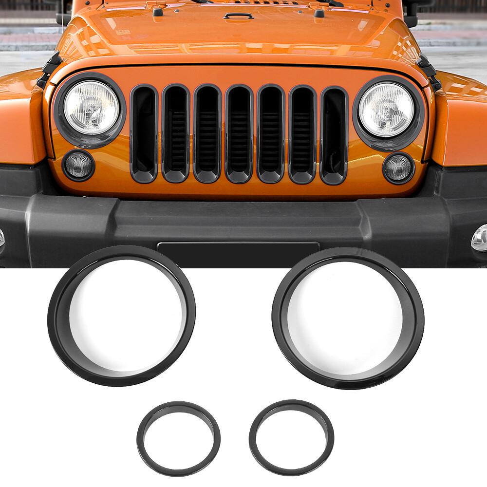 2007-2017 Jeep Wrangler JK Headlight Cover & Front Turn Signal Light Trim Kit For Jeep Wrangler JK | 4x | Black | Adhesive | Aluminum