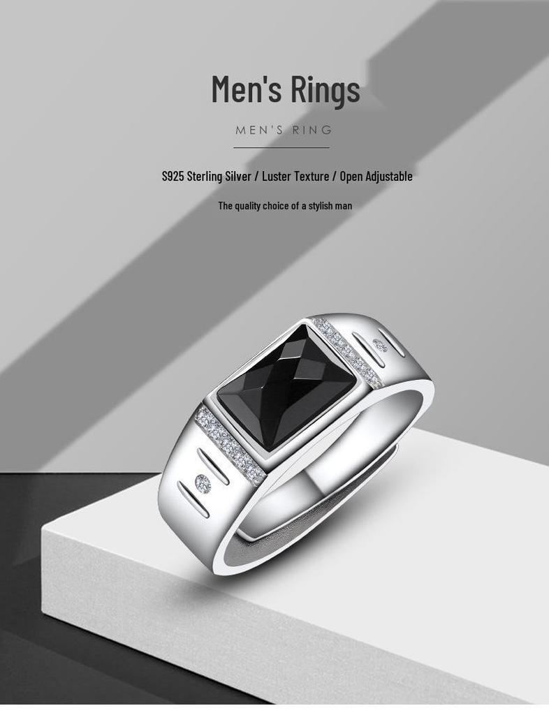 Men's Sterling Silver 925 Black Agate White Gold Plated Open Ring