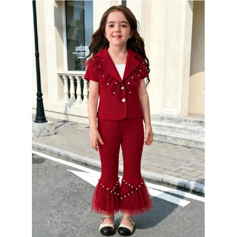 Girls Solid Color Suit Set Short Sleeve Beaded Jacket + High Waist Mesh Beaded Flared Pants 2-3Y