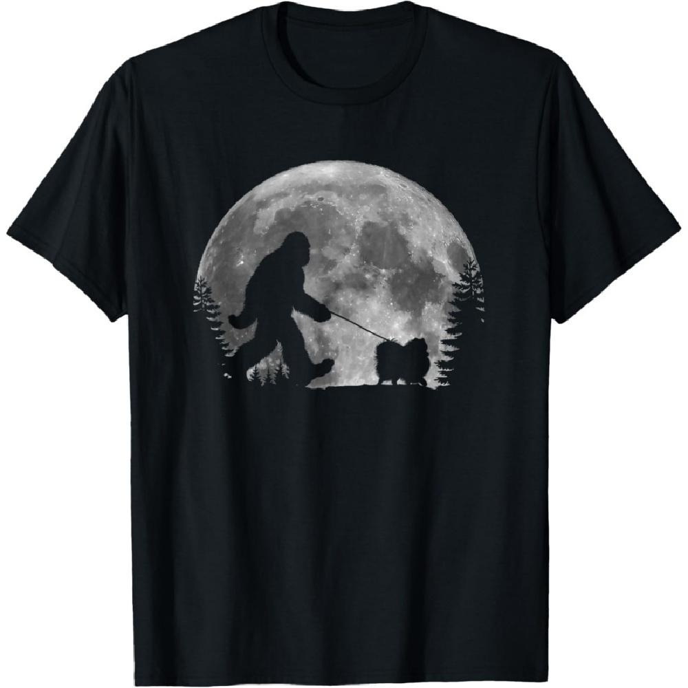

Bigfoot Walking a Dog Funny Pomeranian Lovers Moon Halloween T-Shirt for Men Women Kids S