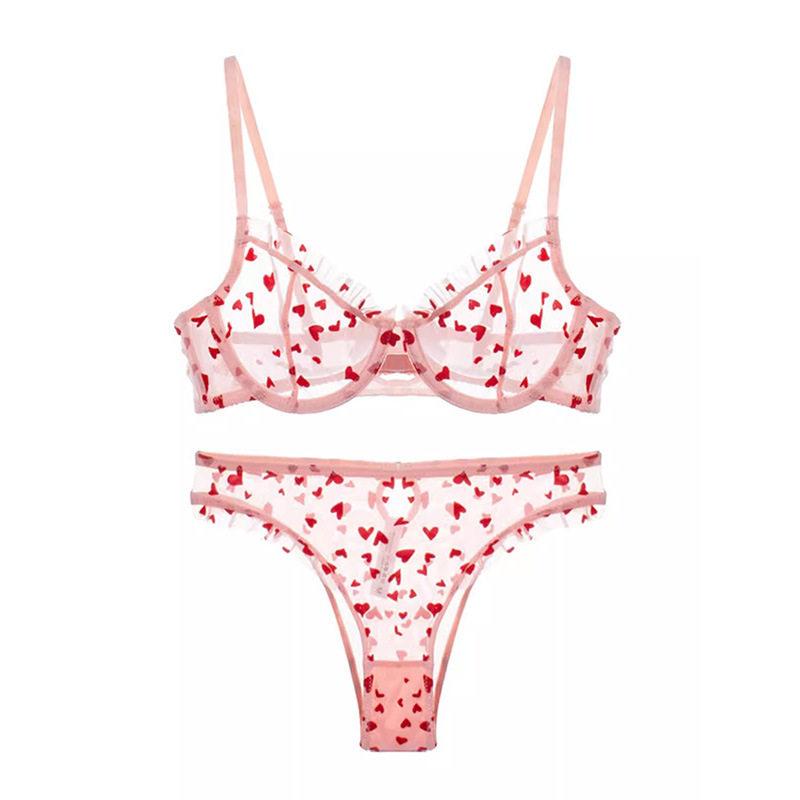 French Heart Print Transparent Lingerie Set Ultra Thin Underwire Bra Lace Sexy Push Up Gathering Small Breast Boost Hot Selling