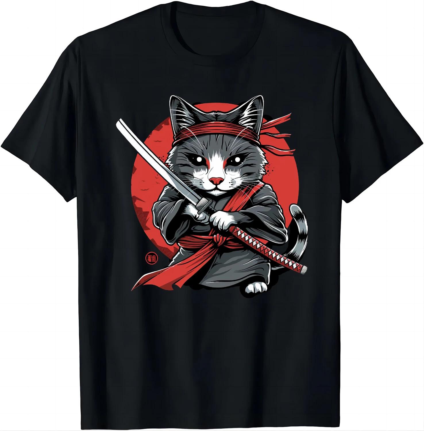 

Japanese Samurai Cat Tattoo Kawaii Ninja Cat T-shirt Street Cool Casual Wear Women s Clothing Top Casual Breathable Top S