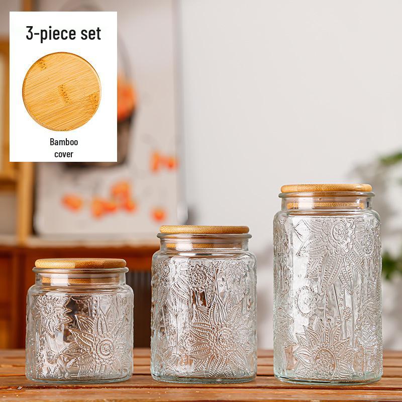 Retro Carved Storage Jar with Acacia Wood Lid for Grains, Dried Fruits, and Snacks