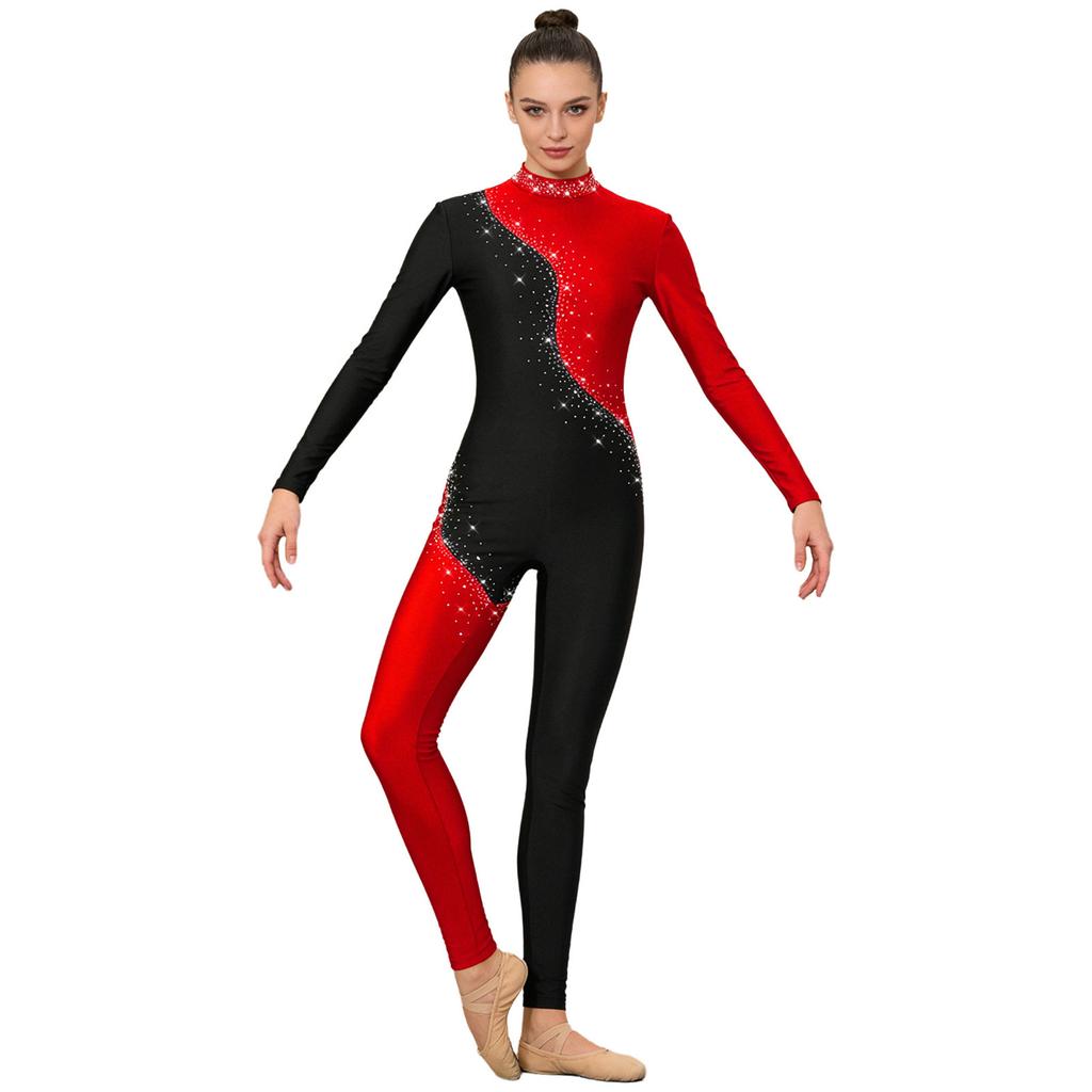S-3XL Women‘s Dance Bodysuit Sparkly Rhinestones Long Sleeve Pants Back Zipper Color Block Full Coverage Unitard for Skating Ballet