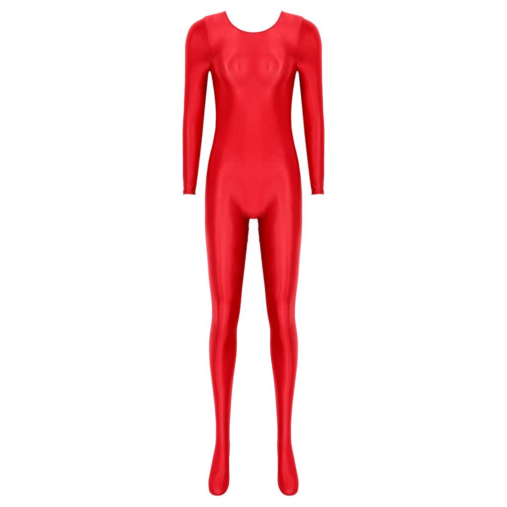 Damen Glatter Langarm Bodystocking Nachtwäsche Einfarbiger Rundhalsausschnitt Body Nachtwäsche