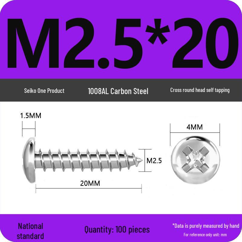 Galvanized Self-Tapping Screws, Round Head, White Zinc, PA Cross Pan, Pointed Tail M1.2-M4