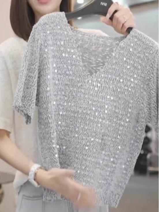 Plus Size 2025 Sequin V-Neck Knit Top - Loose Fit, Short Sleeve, Stylish Hollow Design