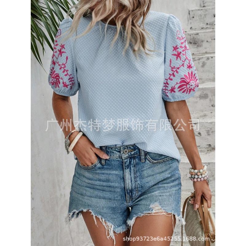 GMXIA Moda Feminina Casual Lazer Verão Cor Sólida Estampa Manga Curta Gola O Blusas e Camisas