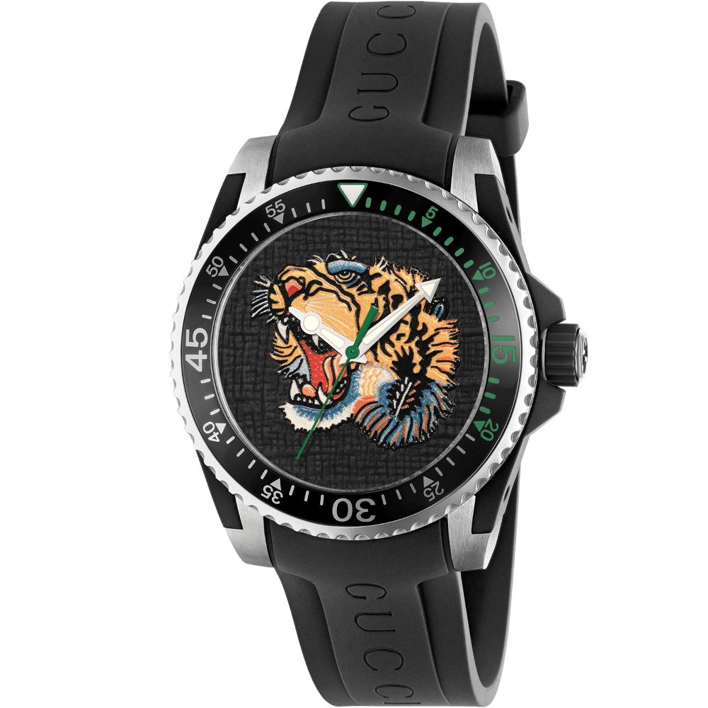 Gucci Men's Black Ya136318 Dive Embroidery Tiger Dial Watch