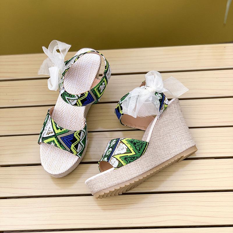 

New large size colored muffin fish mouth sandals women s spring and summer lace-up thick-soled wedge heel high-heeled sandals 42 зелёный