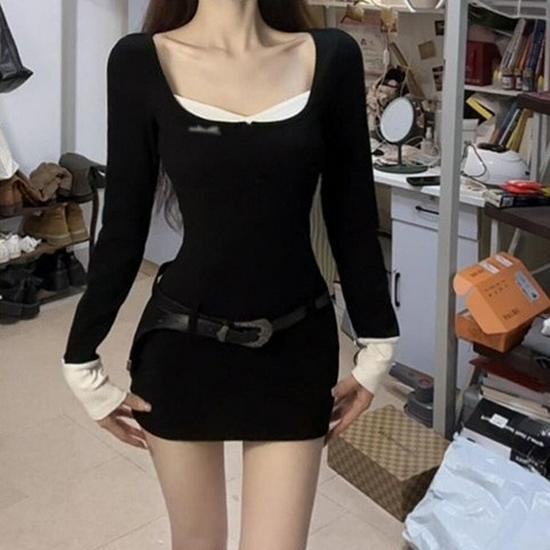 

Women s Patchwork Color Block Letter Zipper Dress: Faux Two-Piece, Sweet & Spicy, Slimming, Hip-Hugging Short Skirt for Autumn/Winter. L