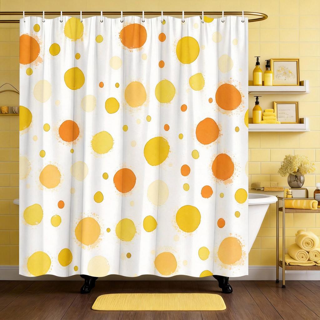 Abstract Point Shower Curtain Green, Orange And Beige White Circle, Minimalist Modern Art Of Contemporary Bathroom Decoration