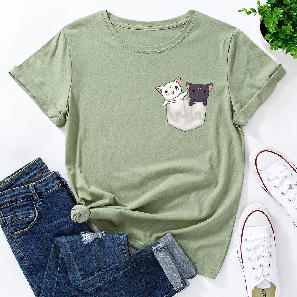 Cute Kitten Print Loose Round Neck Pure Cotton Short Sleeved Women's T-shirts
