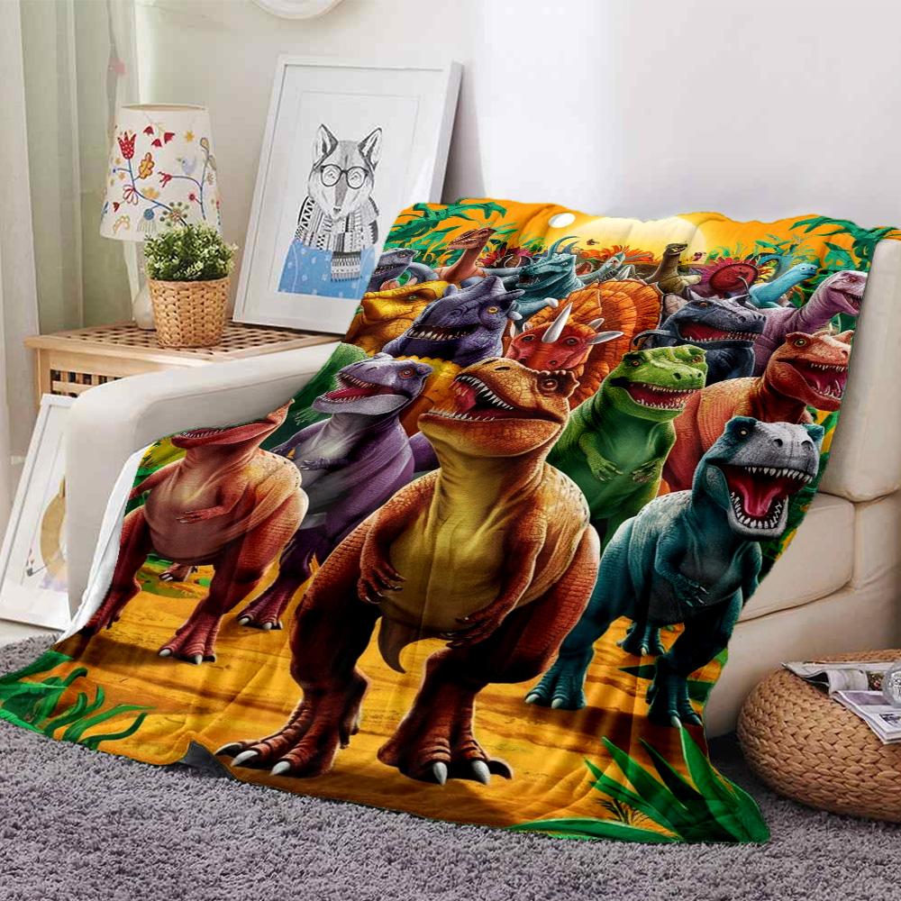 Colorful Jurassic Dinosaur Group Tropical Jungle Print Flannel Blanket Prehistoric Wildlife Throw Blanket Soft Cozy Home Sofa Bed Decor
